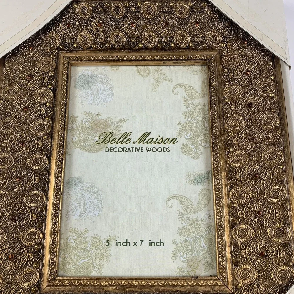 Belle Maison Decorative Woods Metallic Gold Embossed & Jeweled 5x7in Frame 6134‎